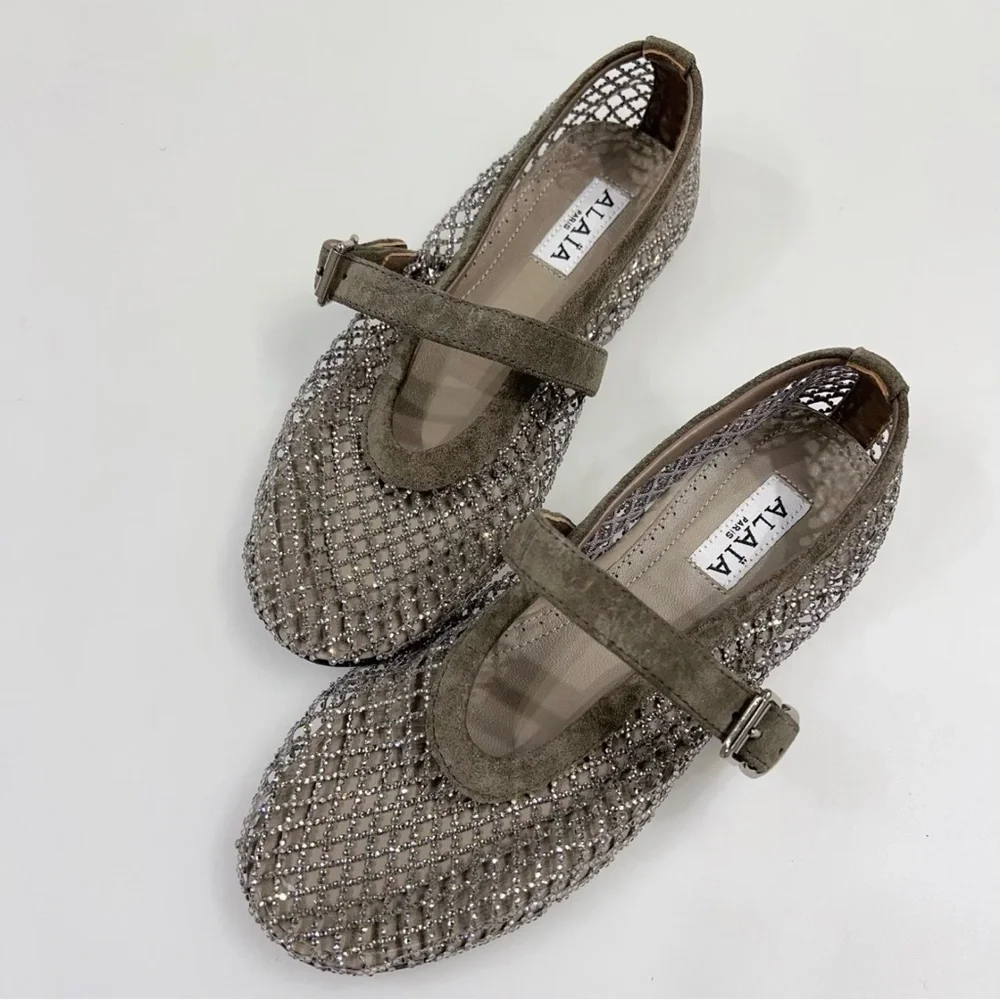 Alaia Taupe Glitter Mesh Mary Jane Flats with Suede Strap